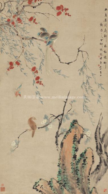 华喦-红花幽鸟--纸本-93.8X167.5cm