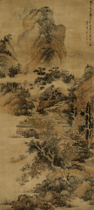 蓝瑛-茅亭话旧图-92x204cm